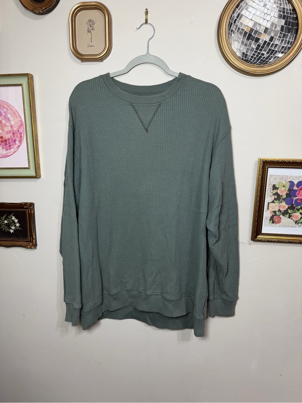 aerie Sage Green Waffle Crewneck Sweater